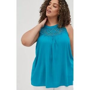 Torrid Plus Size Teal‎ Crochet Detail Neckline Halter Flowy Tank Top, Size 2/2X